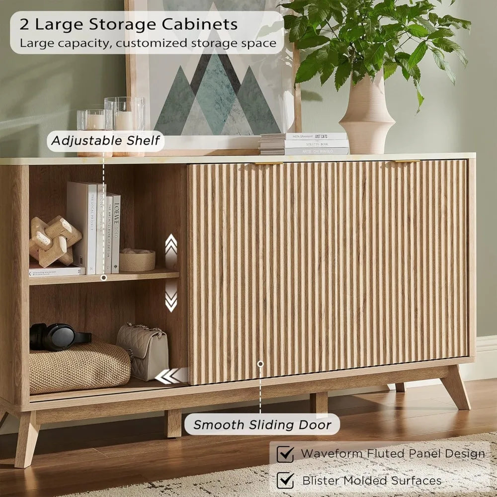 Fluted Dresser with Sliding Doors & Faux Marble Top