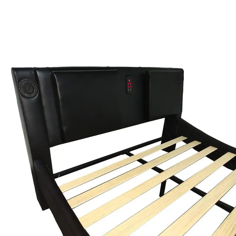 Faux Leather Platform Bed Frame with LED Lights, Bluetooth Music, Massage Backrest & Curved Design