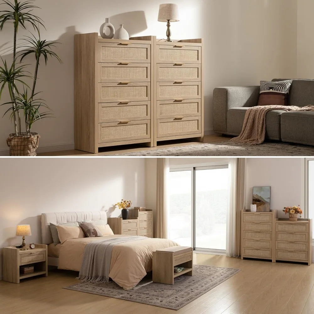 Tall Boho Rattan 5-Drawer Dresser – Bedroom & Closet Storage Chest