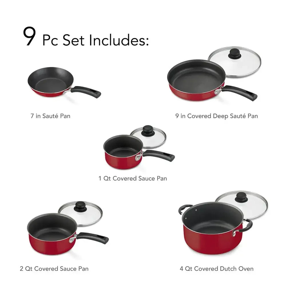 9-Piece Nonstick Cookware Set – Red Aluminum Pots & Pans with Dutch Oven, Saucepans, Saute Pan & Glass Lids