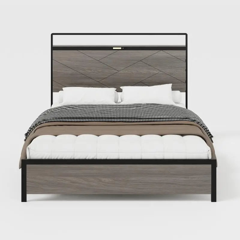 Queen Size Wooden Platform Bed Frame with Storage, LED Headboard & USB, No Box Spring Needed