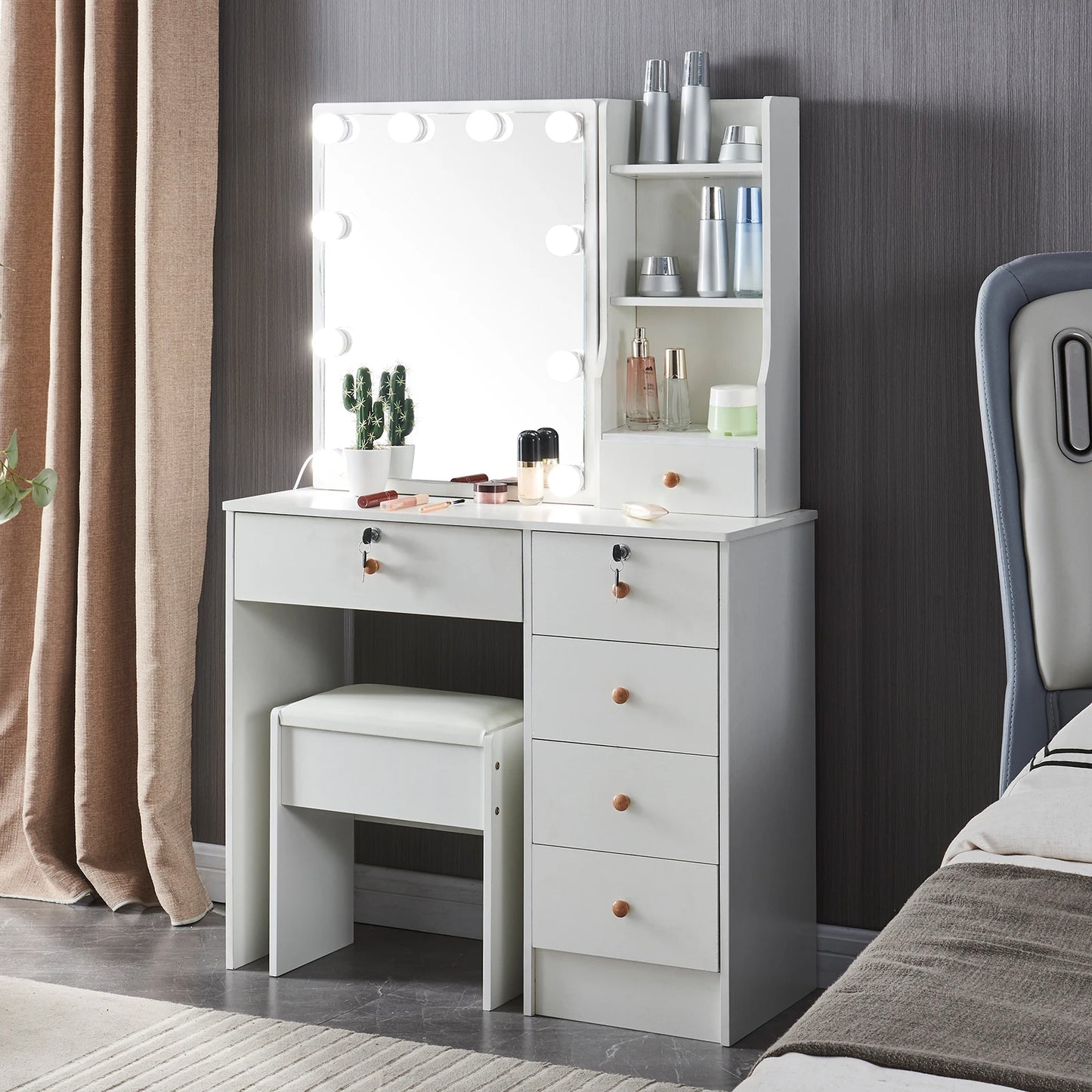 Makeup Vanity Table with Drawers & Stool – White Modern Desk Set