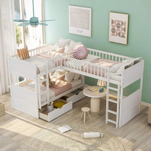 Triple Twin L-Shaped Bunk Bed with Drawers & Ladders – Space-Saving Design, No Box Spring Needed