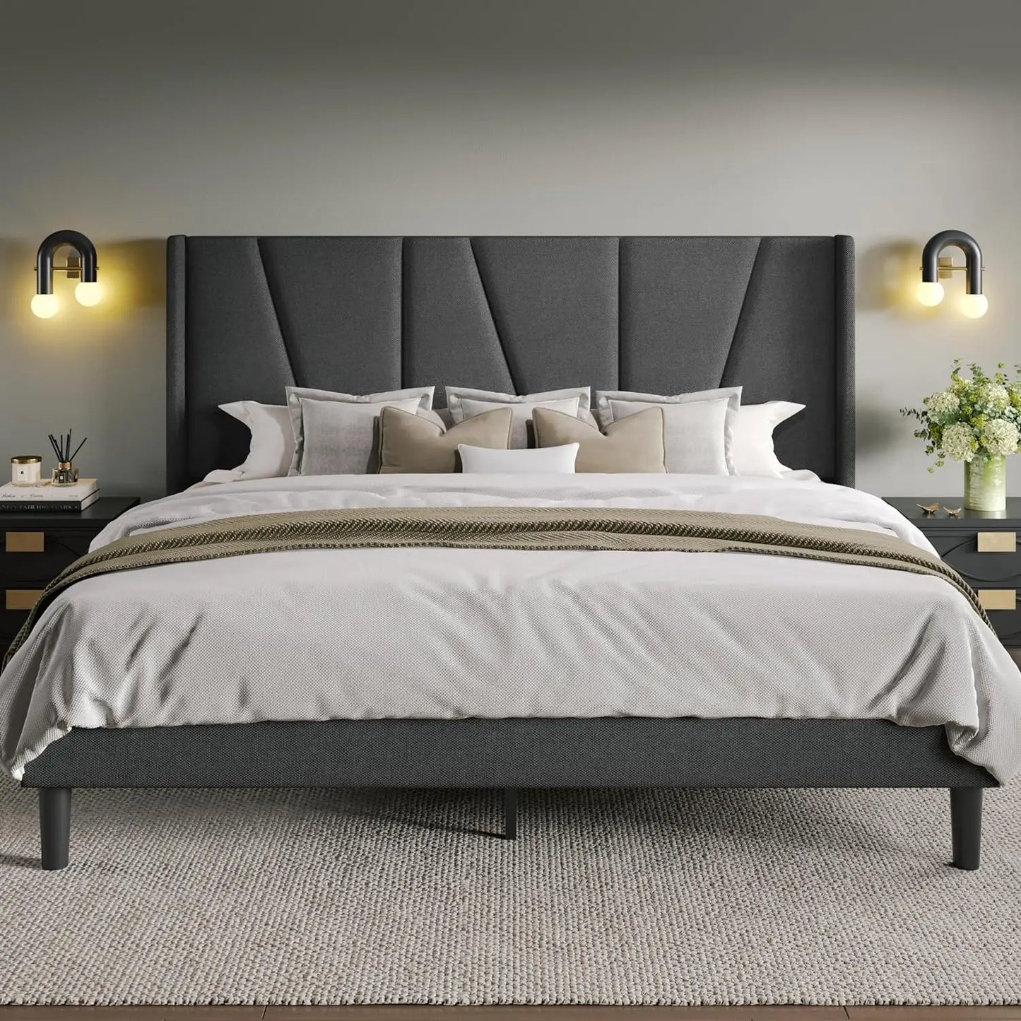 King Size Platform Bed with Geometric Wingback Headboard – Modern Upholstered Frame with Wood Slats