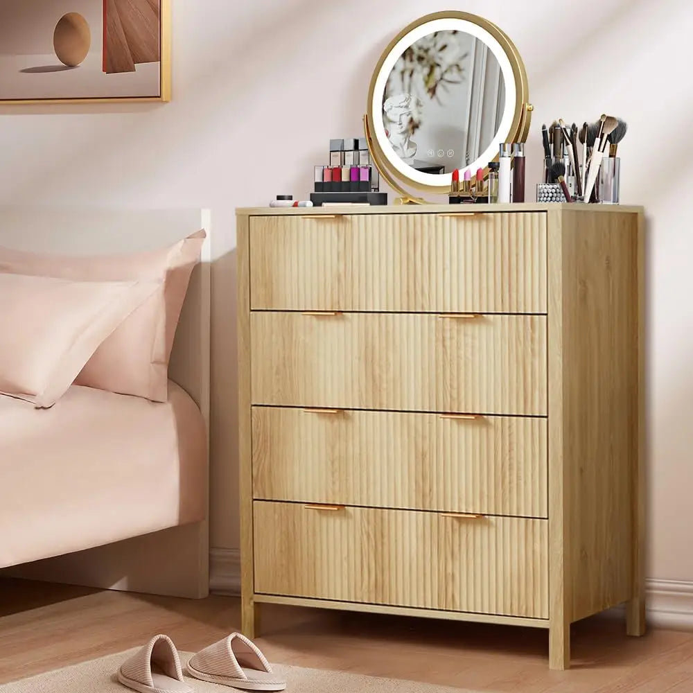 Wide 6 Drawer Light Wood Curved Dresser – Mid-Century Style