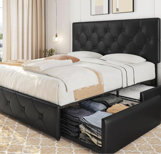 Queen Upholstered Bed Frame – Faux Leather Platform with 4 Drawers & Adjustable Headboard