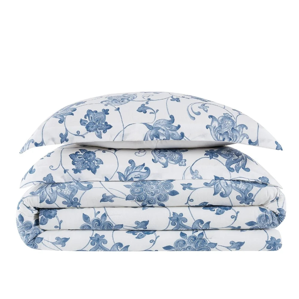 Blue Cotton Comforter Set – Twin XL, 2-Piece Floral Vine Pattern