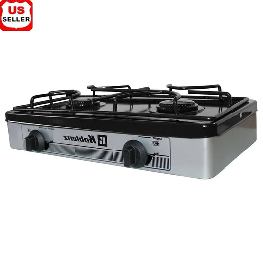 2-Burner Outdoor Propane Stove – Adjustable Flames, LP Gas, Manual Ignition with Compression Connector for Camping Cooking