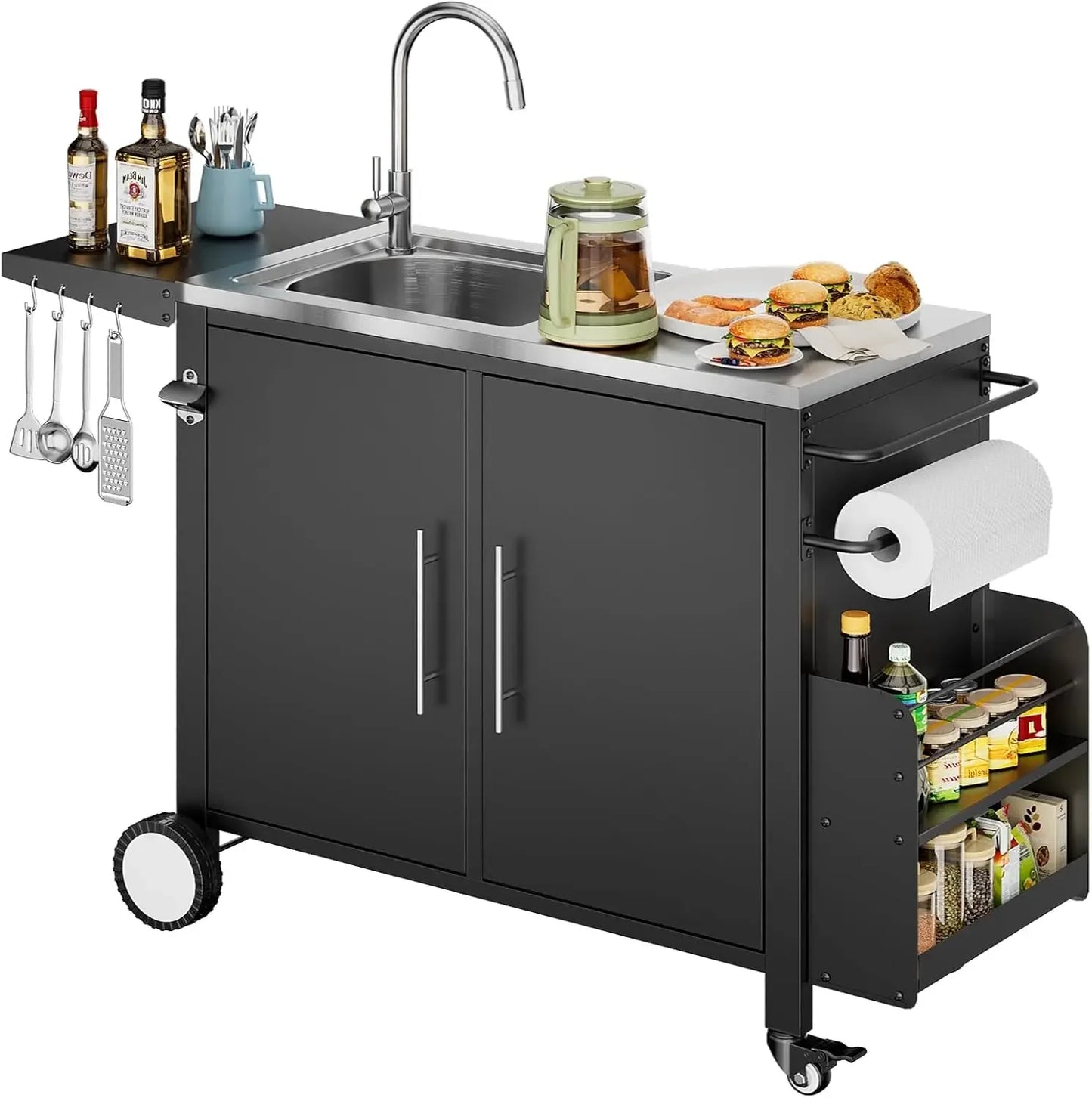 Outdoor Grill Cart with Storage – Patio Kitchen Island Table with Wheels, Hooks & Spice Rackoutdoor grill cart, patio kitchen island, BBQ prep table, rolling grill cart, outdoor storage table, waterproof grill table, BBQ ca
