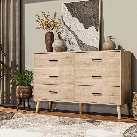 Wood Dresser for Bedroom 6 Drawer Dresser with Metal Handles Mid Century Modern Dresser Double Chest of Drawer Light Oak