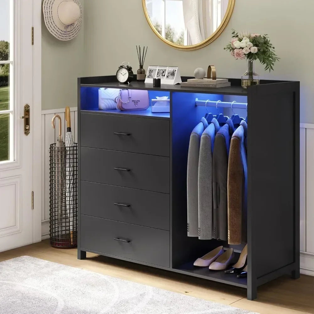 Modern Black Dresser with Clothes Rail & 4 Drawers – LED Lights & Open Storage for Bedroom or Entryway