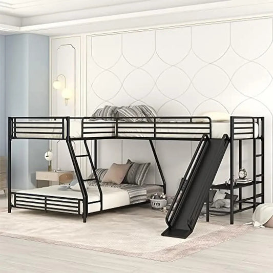 Metal L-Shaped Triple Bunk Bed with Desk, Slide & Shelf – Twin Over Full with Twin Loft