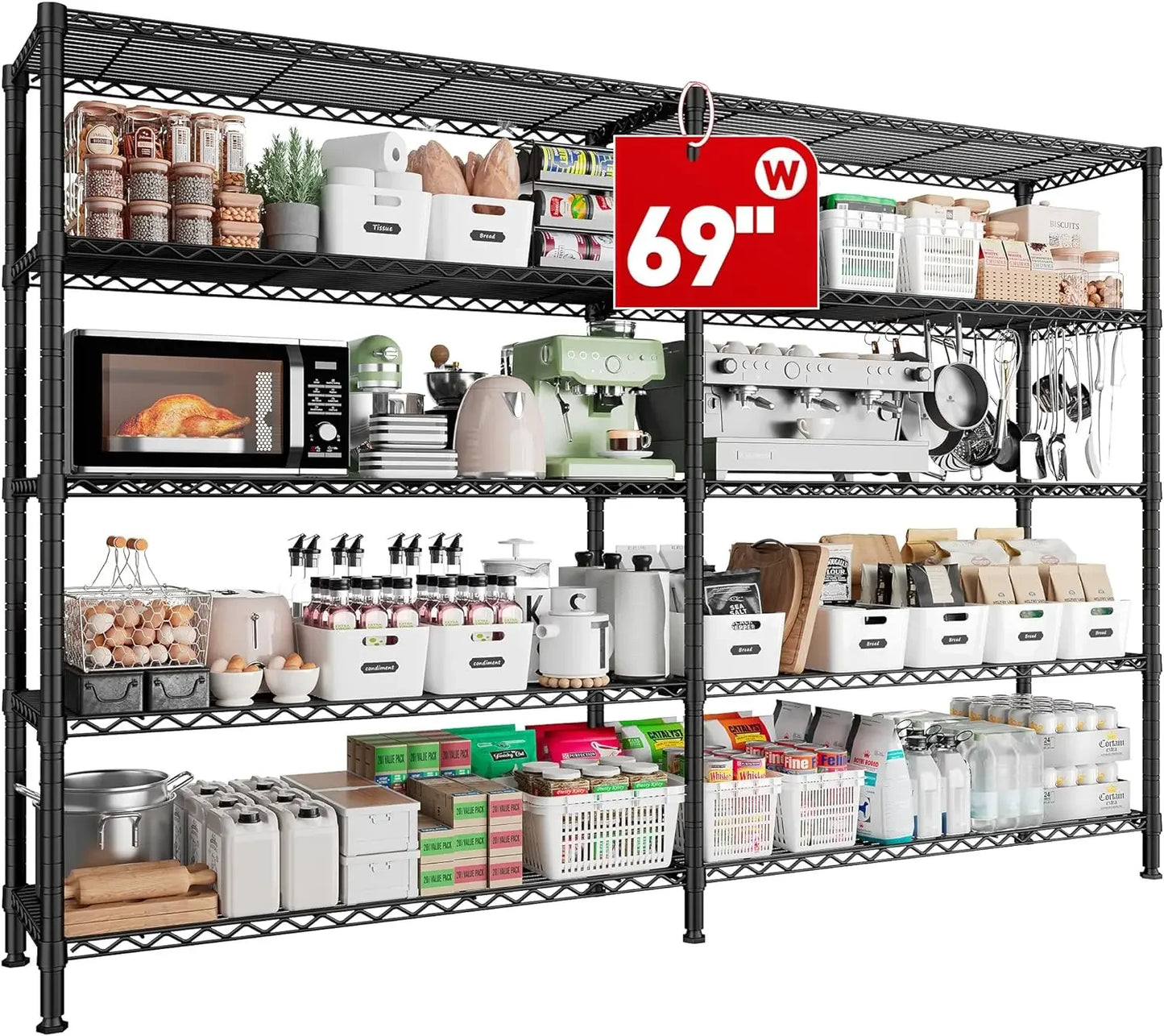 69" W Storage Shelves,Wire Shelving Load 1600LB Metal Shelves for Storage 5-Tier Heavy Duty Shelving Unit with Shelf Adjustable