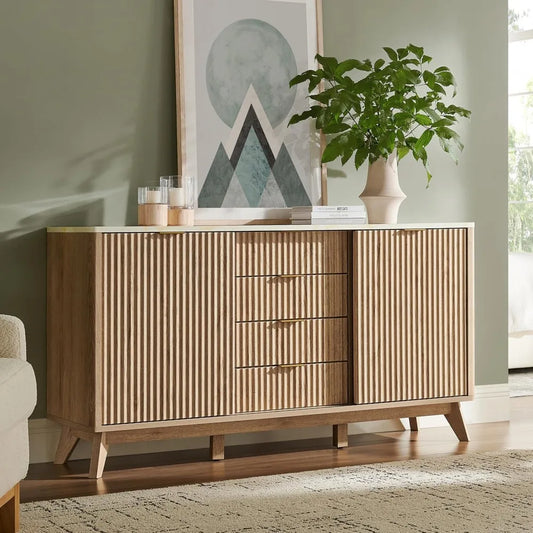 Fluted Dresser with Sliding Doors & Faux Marble Top