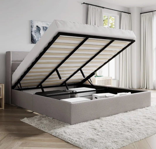 King Upholstered Storage Bed – Lift-Up Platform with Wingback Headboardking storage bed, upholstered lift up bed, wingback headboard bed, modern platform bed, bedroom furniture with storage