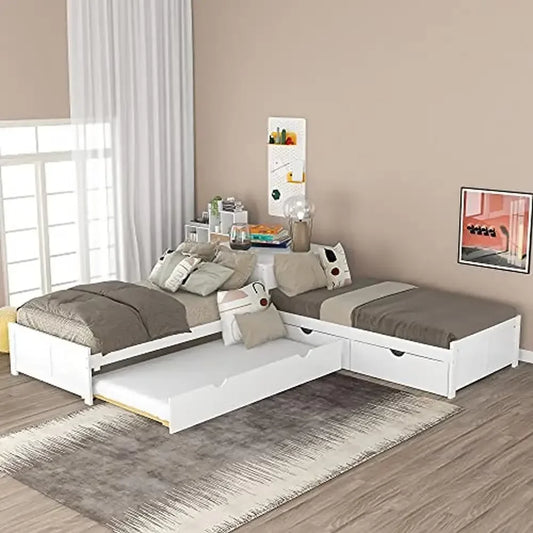 Twin L-Shaped Daybed with Trundle – Pine Wood Platform Bed with Desk, Drawers & Storage (White)
