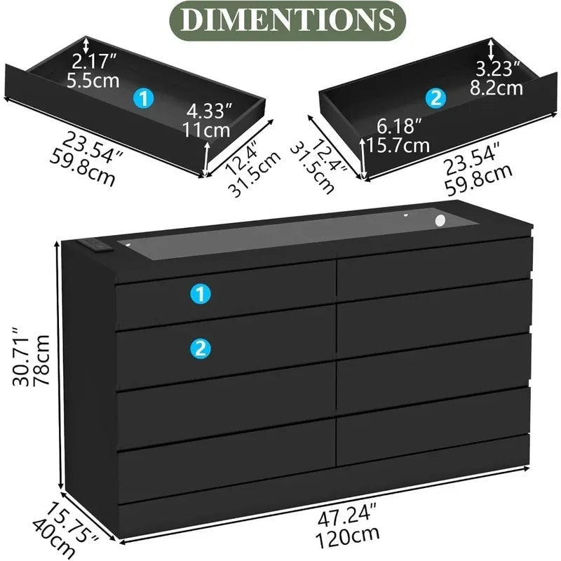 8-Drawer Dresser with Power Outlet, White Bedroom Chest with Glass Top & LED Light