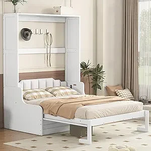Harper & Bright Designs Full Murphy Bed with Storage Shelves, Drawers & LED Light