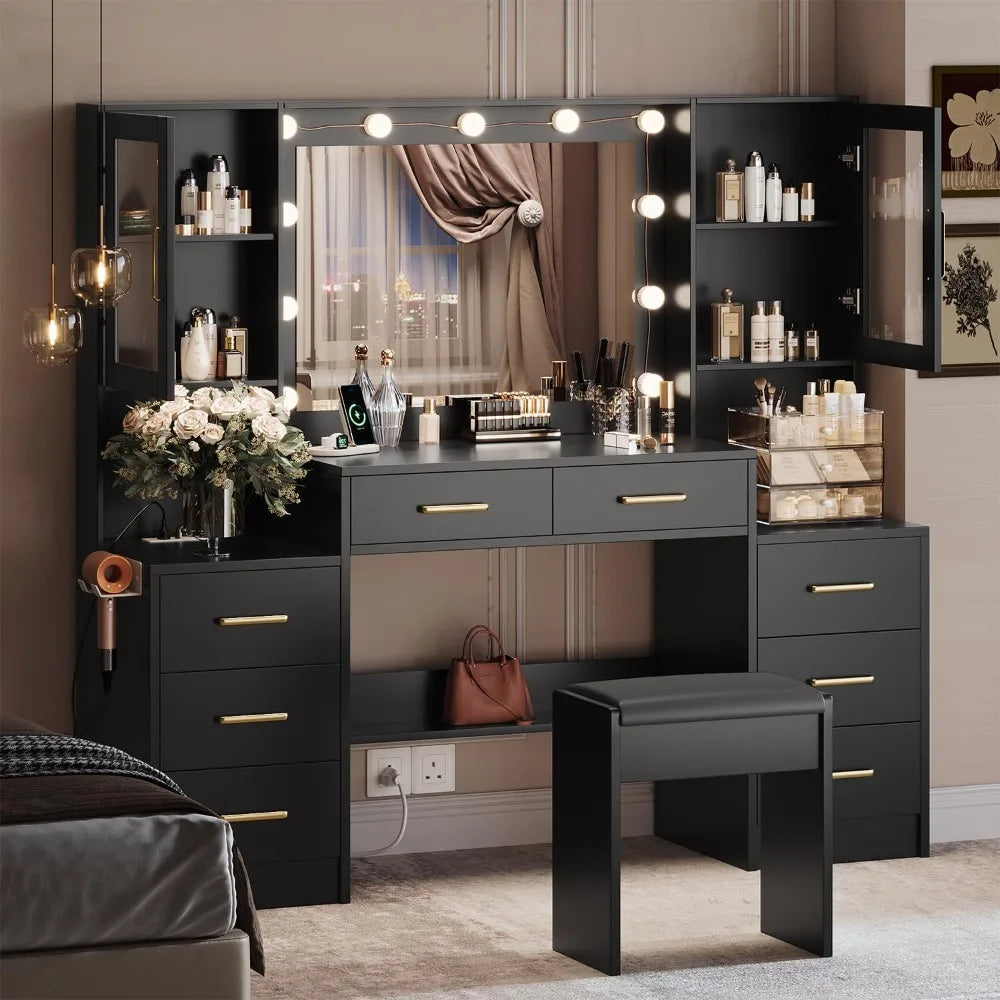 Black Vanity Desk with Mirror, Lights & Charging Station,  58.3" 3 Lighting Modes Makeup Desk