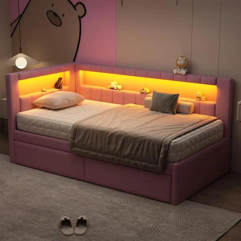 Pink Twin Upholstered Platform Bed with LED Headboard, USB Ports & 2 Storage Drawers