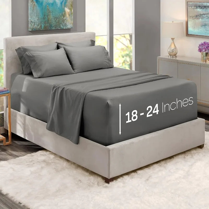 Extra Deep Pocket King Size Sheets Sets - Fits Mattress 18-24 Inches, 6 Piece - Grey Sheets