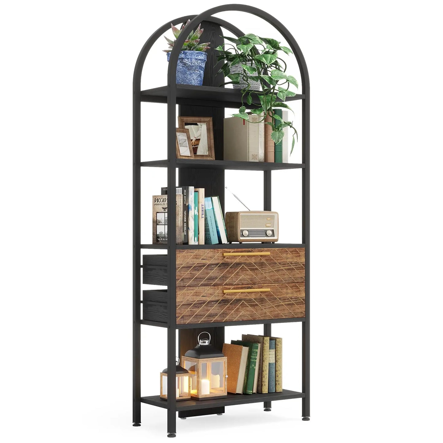 Tribesigns 4-Tier Bookshelf with 2 Drawers – Industrial Arched Bookcase, 70.8" Tall Storage & Display Rack