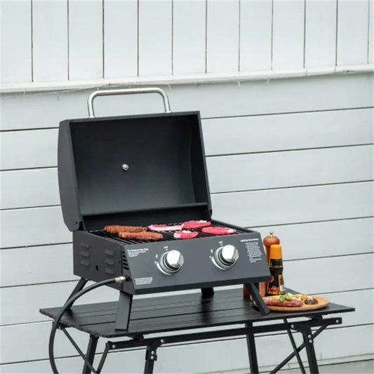 Folding Gas BBQ Grill – Portable 2-Burner Tabletop Grill with Charcoal Option