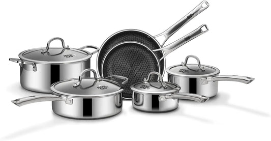 10-Piece Hybrid Stainless Steel Cookware Set – Nonstick Pots & Pans with Frying Pans, Saucepans, Saute Pan & Stock Pot