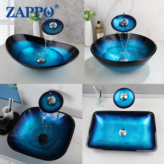 ZAPPO Blue Tempered Glass Vessel Sink – Oval Above-Counter Basin with Black Waterfall Faucet