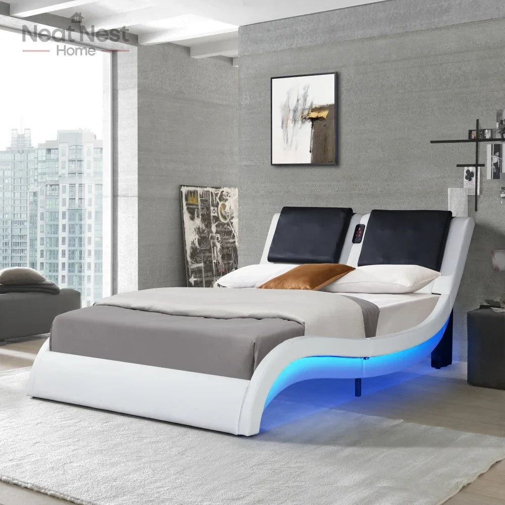 Queen Size Faux Leather Upholstered Platform Bed, LED Lighting, Bluetooth Music & Smart Massage
