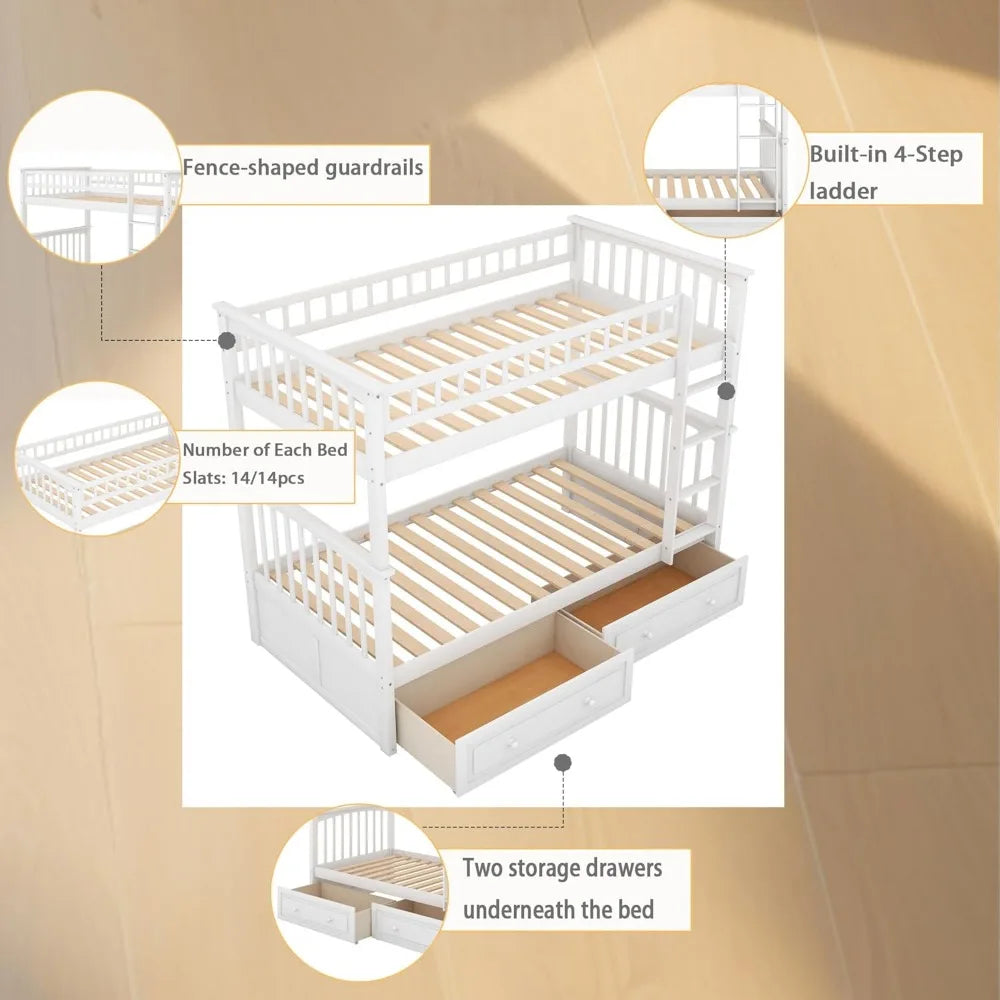Convertible Wood Twin-Over-Twin Bunk Bed with Storage Drawers and Ladder - Can Be Divided Into Two Daybeds (White)