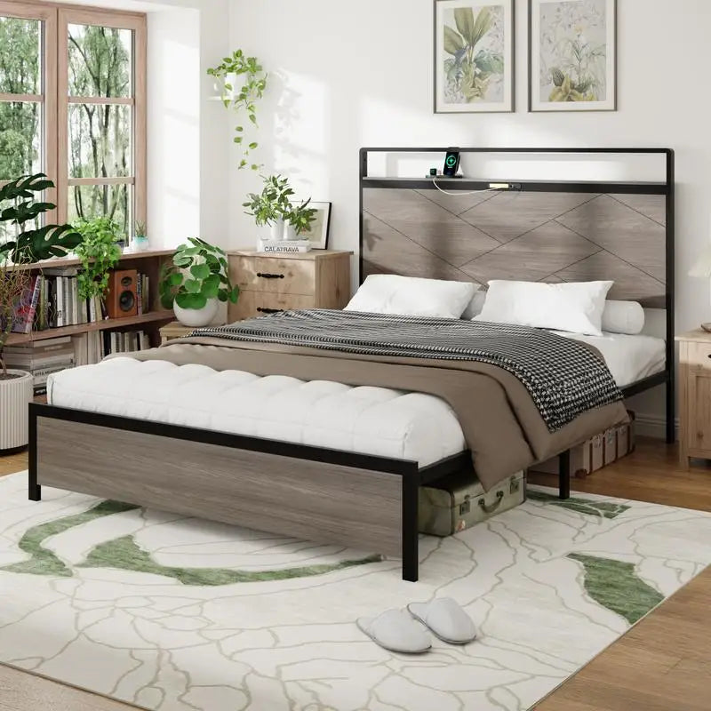 Queen Size Wooden Platform Bed Frame with Storage, LED Headboard & USB, No Box Spring Needed