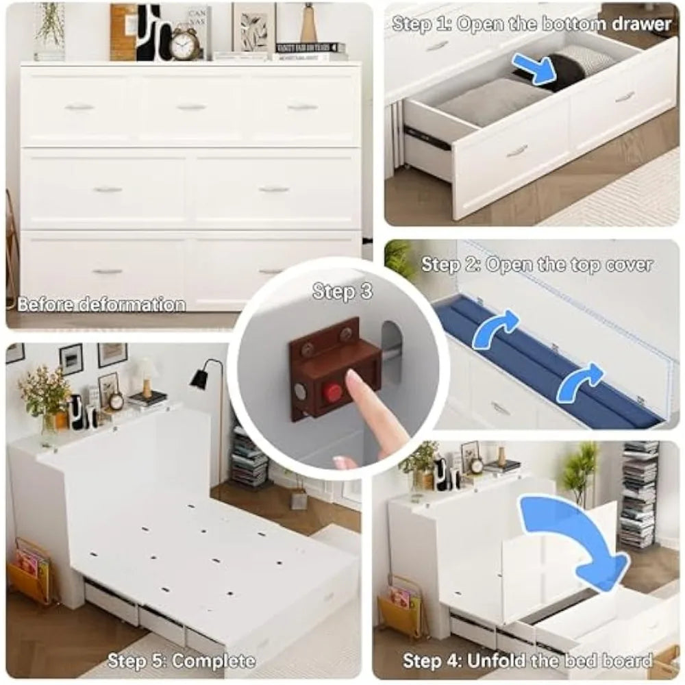 ECACAD 2-in-1 Murphy Cabinet Bed – Full Size Frame with Power Strip & 3 Storage Drawers