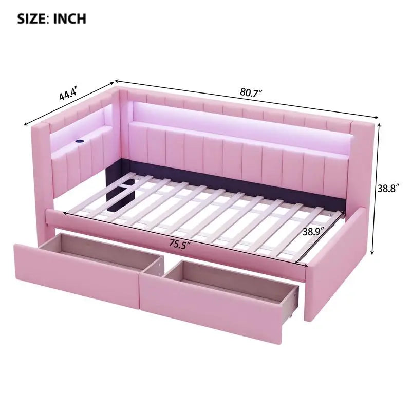 Pink Twin Upholstered Platform Bed with LED Headboard, USB Ports & 2 Storage Drawers