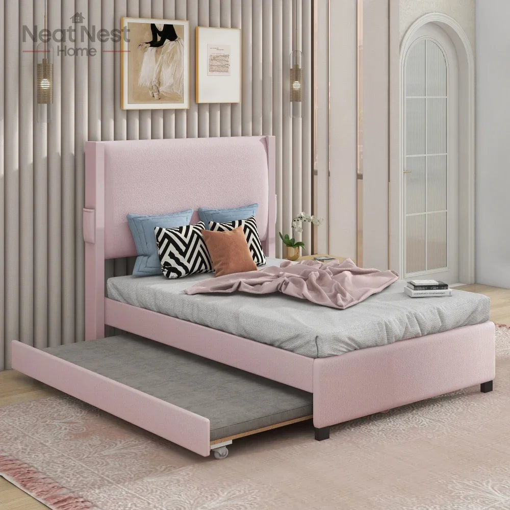 Pink Twin Size Bed Frame with Removable Trundle, USB Ports, No Box Spring Required