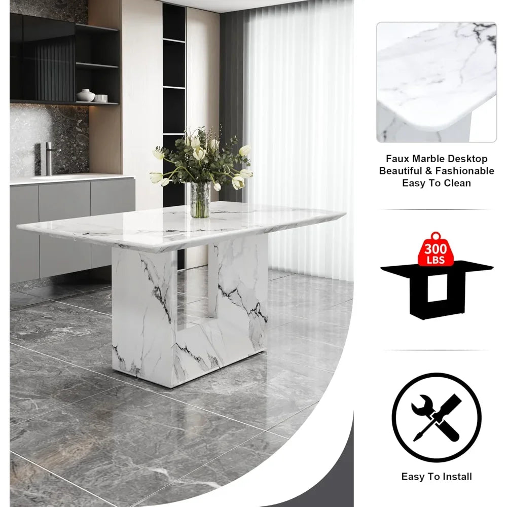 6-Piece Dining Table Set – 63" White Marble-Style Table with 6 PU Leather Chairs