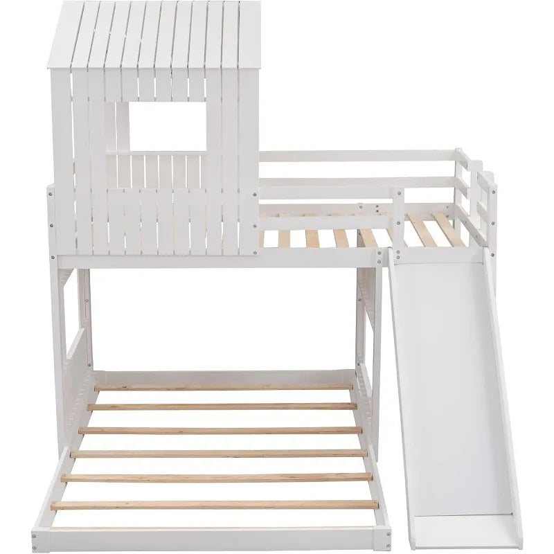 Merax Twin Over Full Bunk Bed with Slide, House Roof & Window, Safety Guardrails, White
