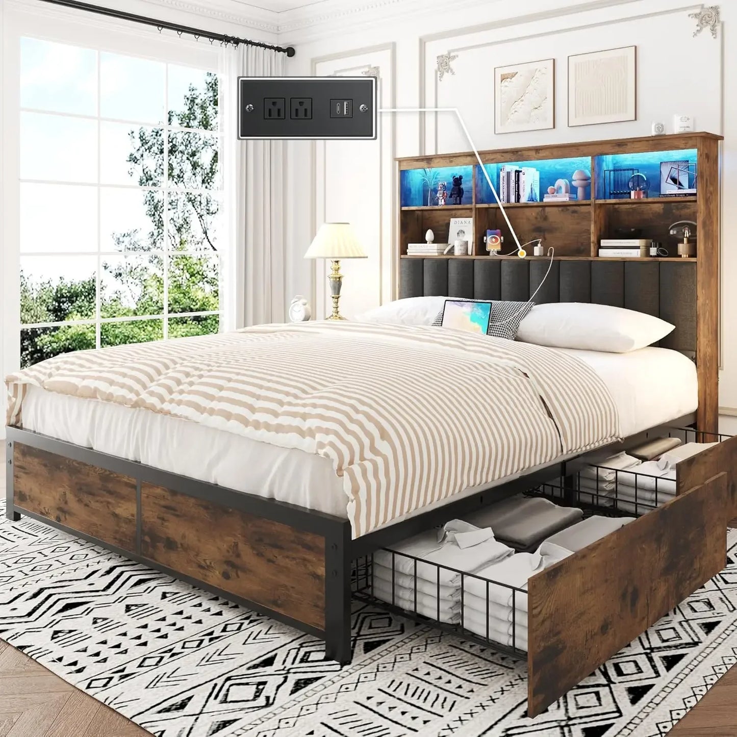 Queen Bed Frame with Storage Drawers, Bookcase Headboard, LED Lights & Charging Station – No Box Spring Needed