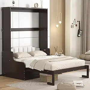 Harper & Bright Designs Full Murphy Bed with Storage Shelves, Drawers & LED Light