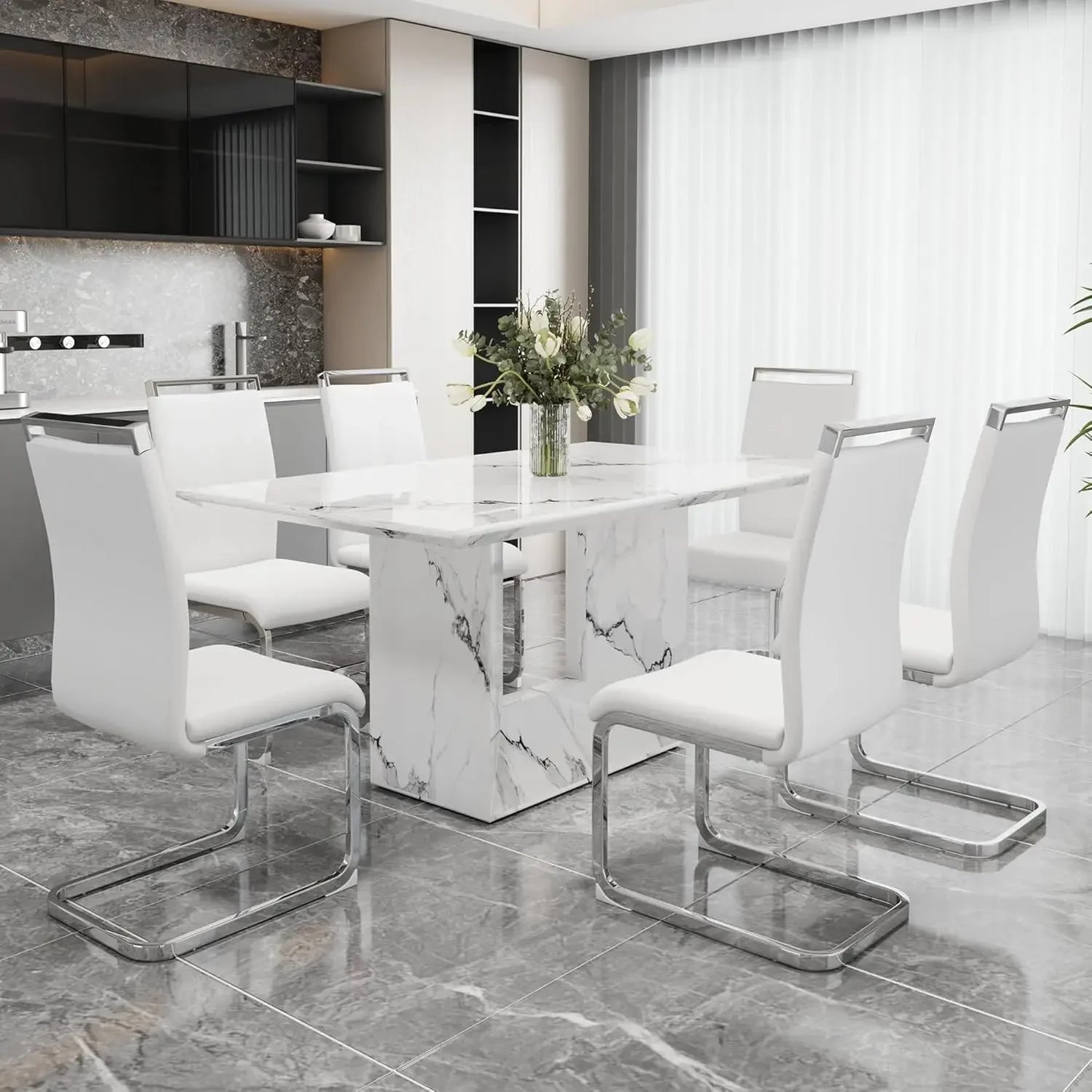 6-Piece Dining Table Set – 63" White Marble-Style Table with 6 PU Leather Chairs