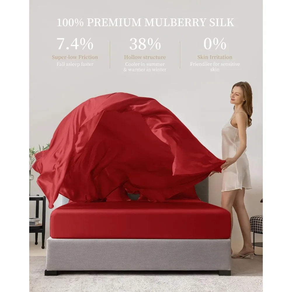 Queen 100% Mulberry Silk Sheet Set – 4-Piece Luxury Red Bedding