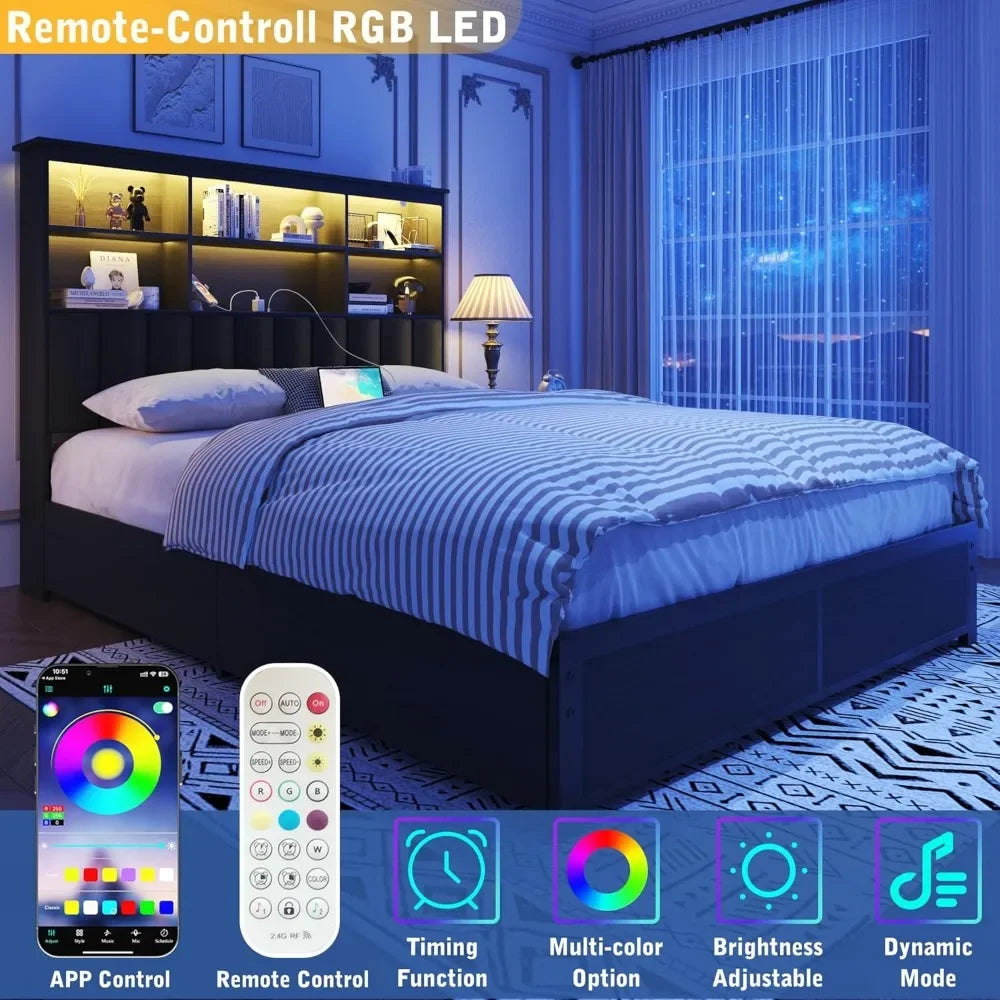 Queen Bed Frame with Storage Drawers, Bookcase Headboard, LED Lights & Charging Station – No Box Spring Needed