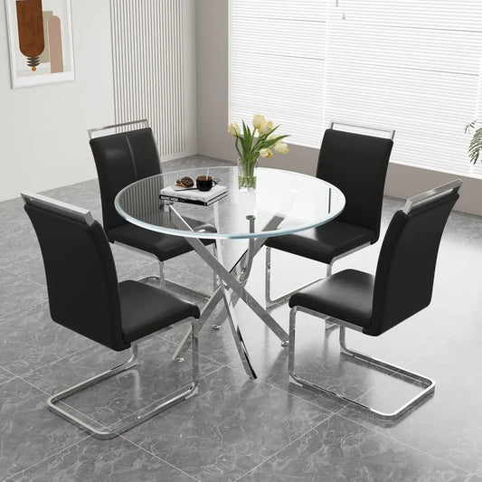 Glass Dining Table Set for 4 – 36" Round Silver Tempered Glass Table with 4 Black Faux Leather Chairs, Modern Kitchen & Home Office