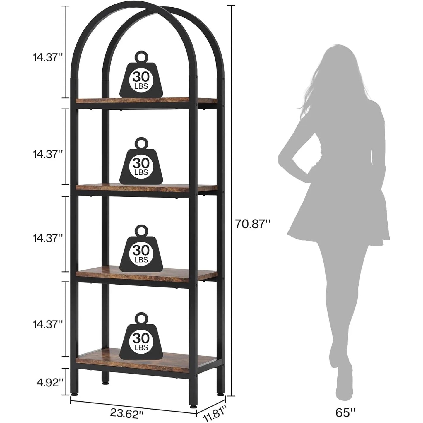 71" Arched Bookcase – Tall Farmhouse Storage Rack with Wooden Shelves for Bedroom, Living Room & Home Office