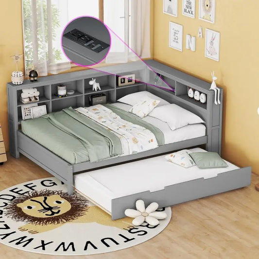 Grey Wooden Full Size Daybed with Twin Trundle, Storage Shelf & Built-in USB Ports