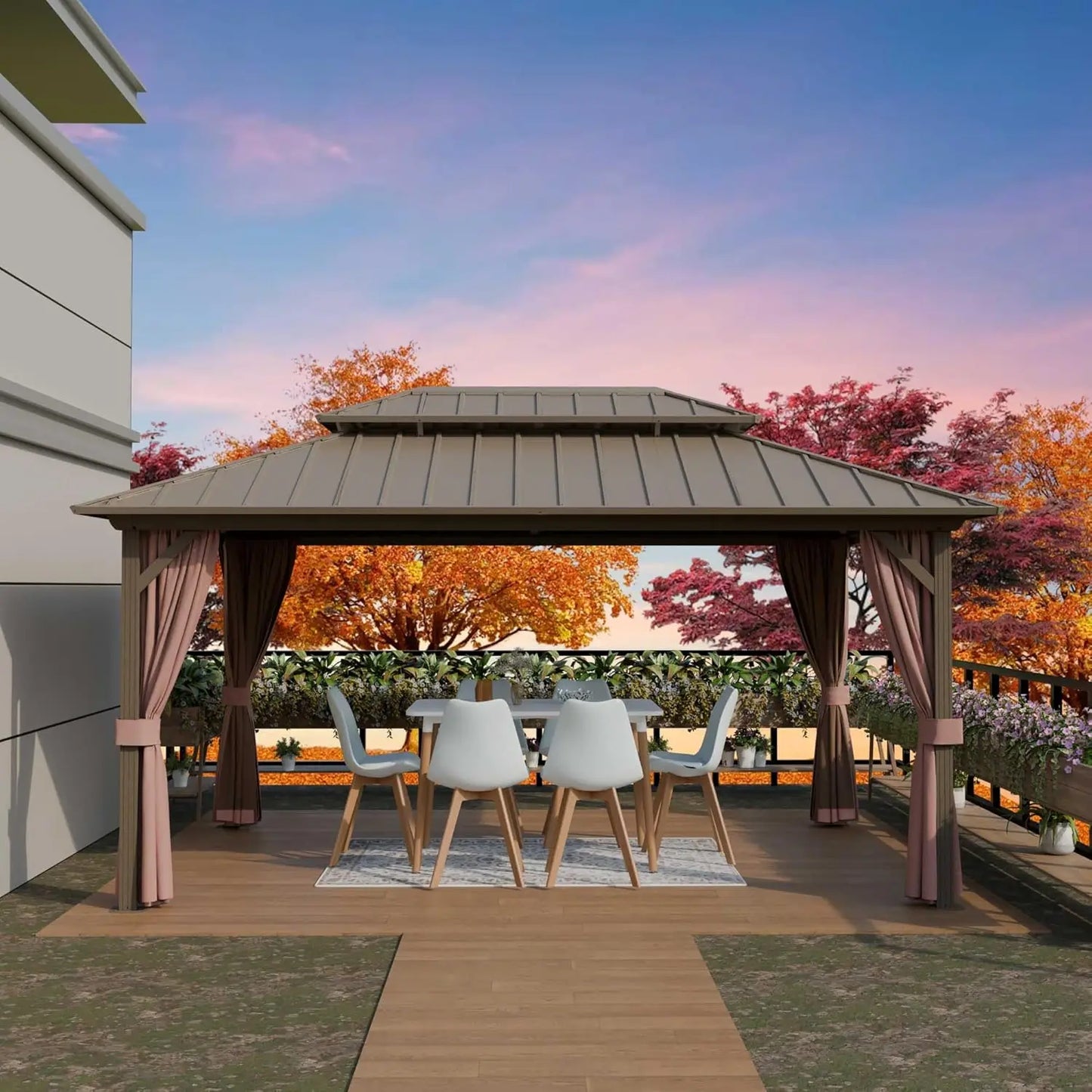12'x16' Hardtop Gazebo with Aluminum Frame & Galvanized Steel Double Roof, Netting & Curtains