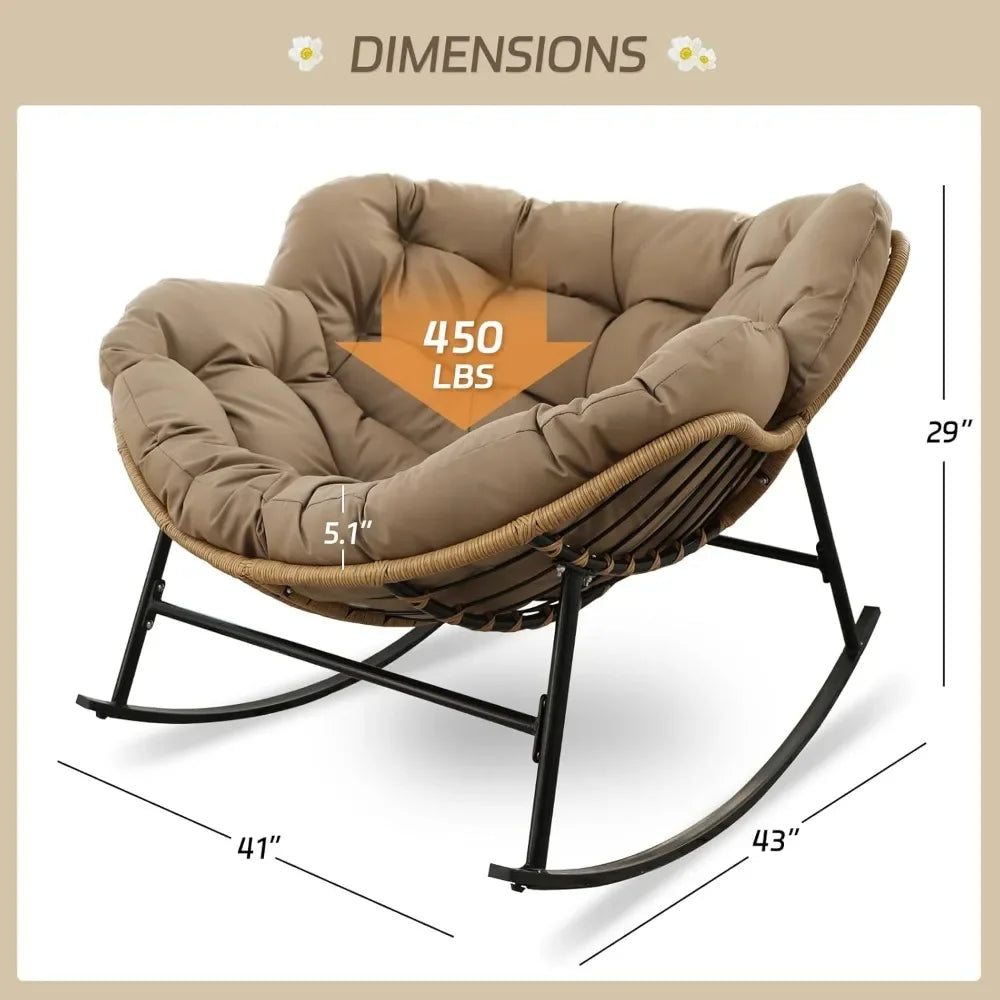 Outdoor Papasan Rocking Chair with Padded Cushion, Oversized PE Rattan Comfy Royal Rocking Lounge Chair, Modern Comfy