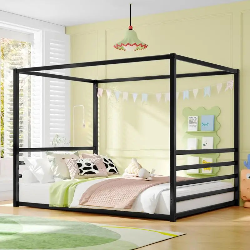 Queen Size Sunshade Floor Bed, Black Iron Frame, Low-Profile Design with Fence Guardrails