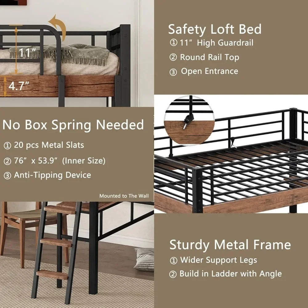 Full Size Metal Loft Bed with Desk, Storage Shelf, Built-in Ladder & Full-Length Guardrails