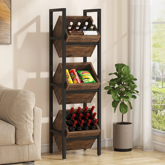 Tribesigns Basket Stand – 3-Tier Wood Shelving Unit with Baskets, Rustic Vertical Storage Tower for Living Room